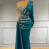 BXOXO Luxury Long Sleeve Mermaid Evening Dresses Sparkly Crystals Elegant Satin Dubai Women Formal Party Evening Gowns Sheer Neck